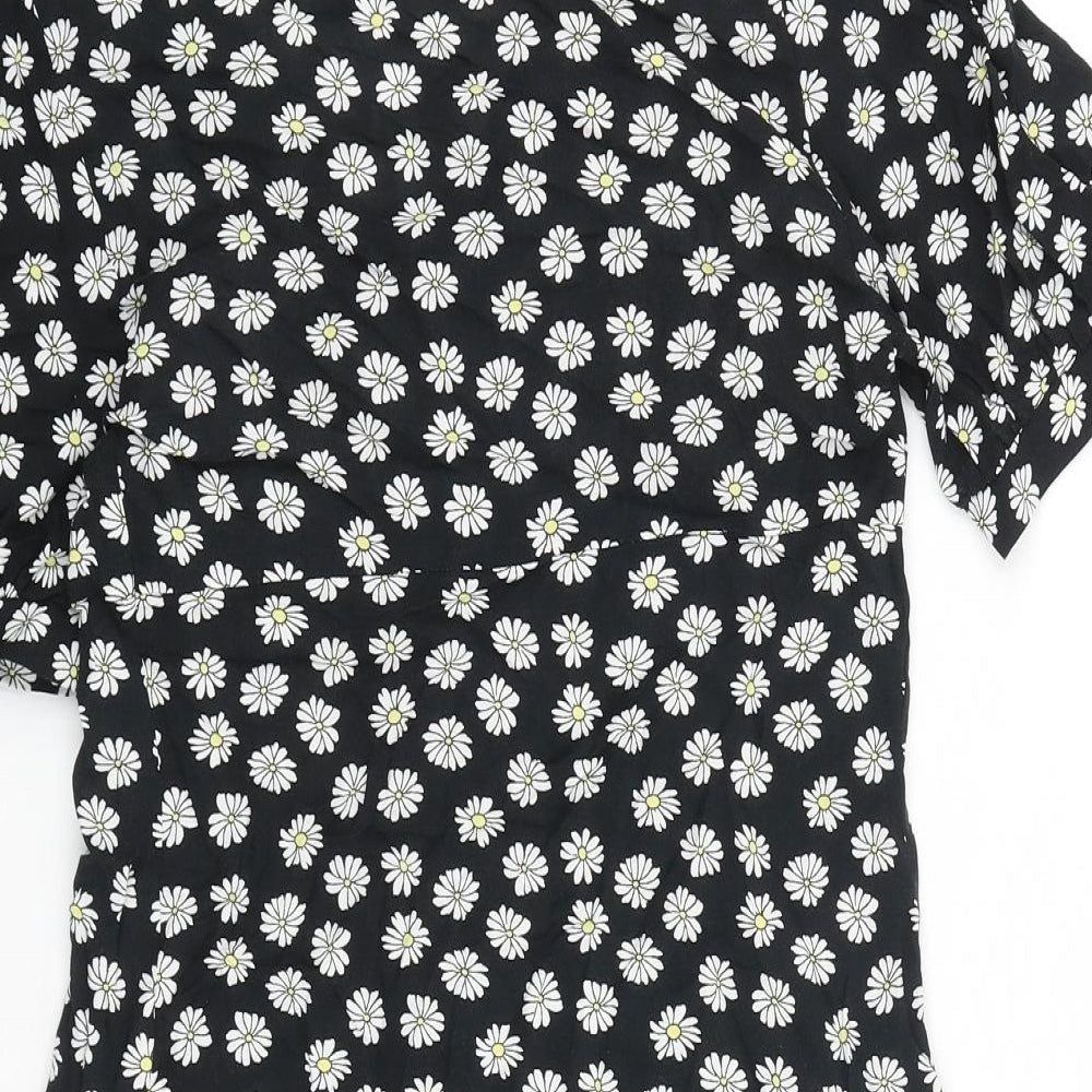 Primark Womens Black Floral Viscose Trapeze & Swing Size 6 V-Neck Button