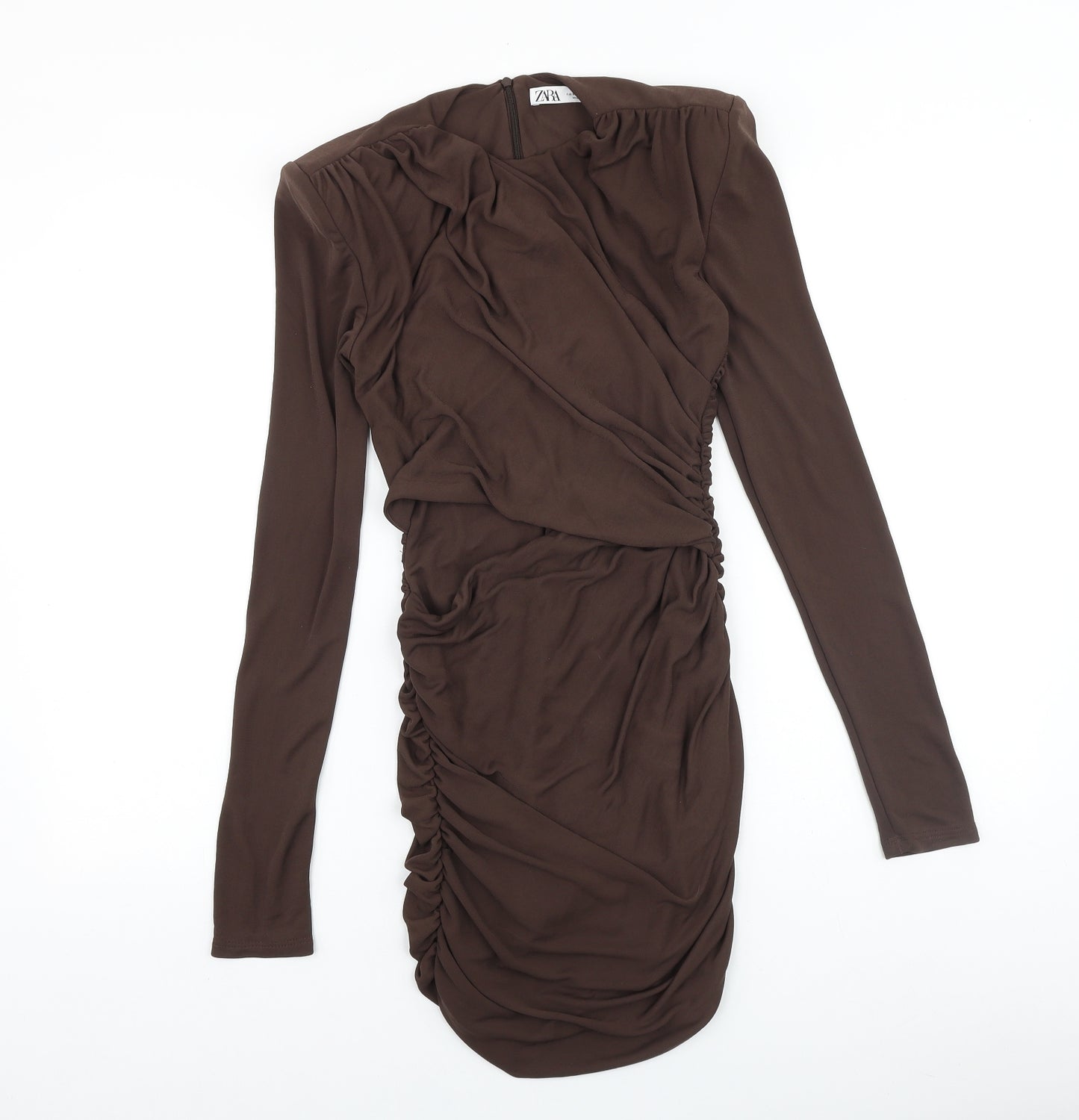 Zara Womens Brown Polyester Bodycon Size 10 Round Neck Zip