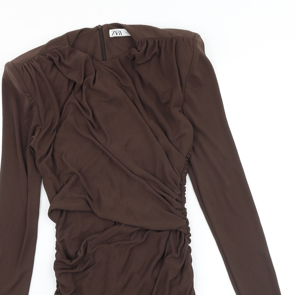 Zara Womens Brown Polyester Bodycon Size 10 Round Neck Zip