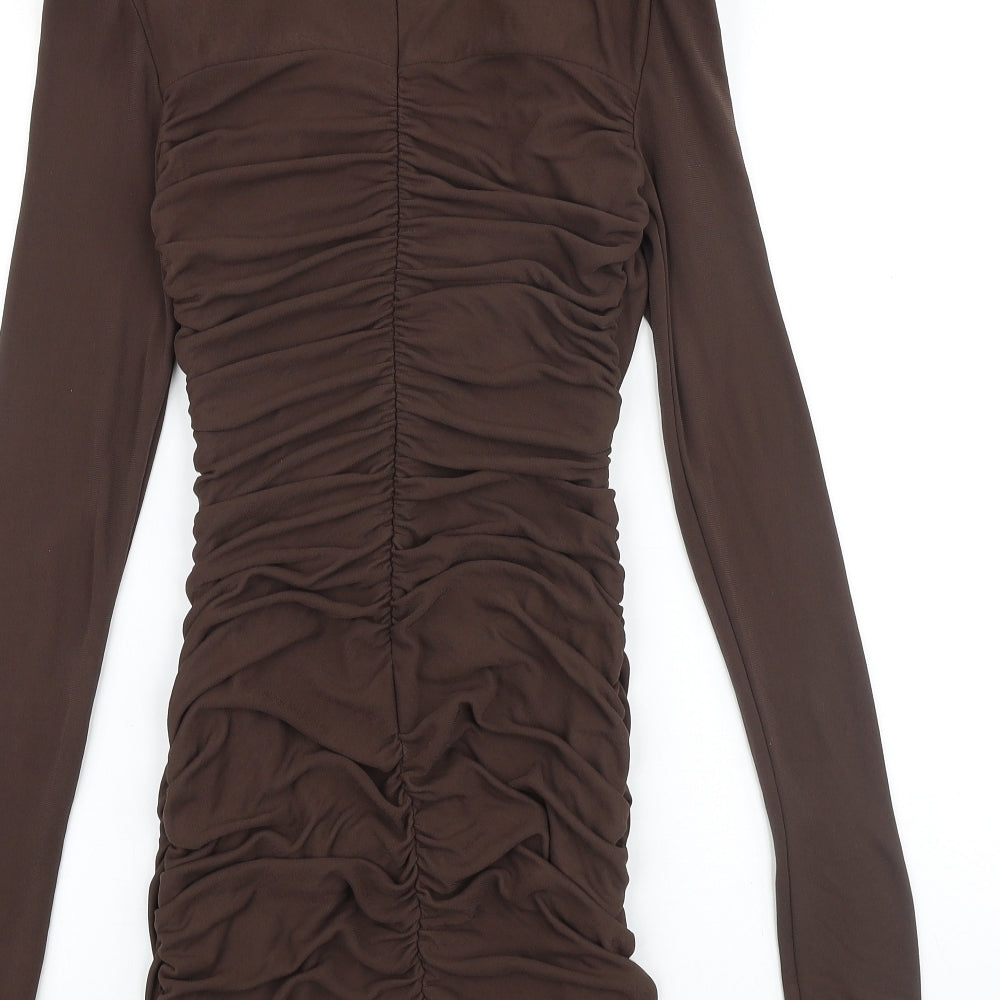 Zara Womens Brown Polyester Bodycon Size 10 Round Neck Zip