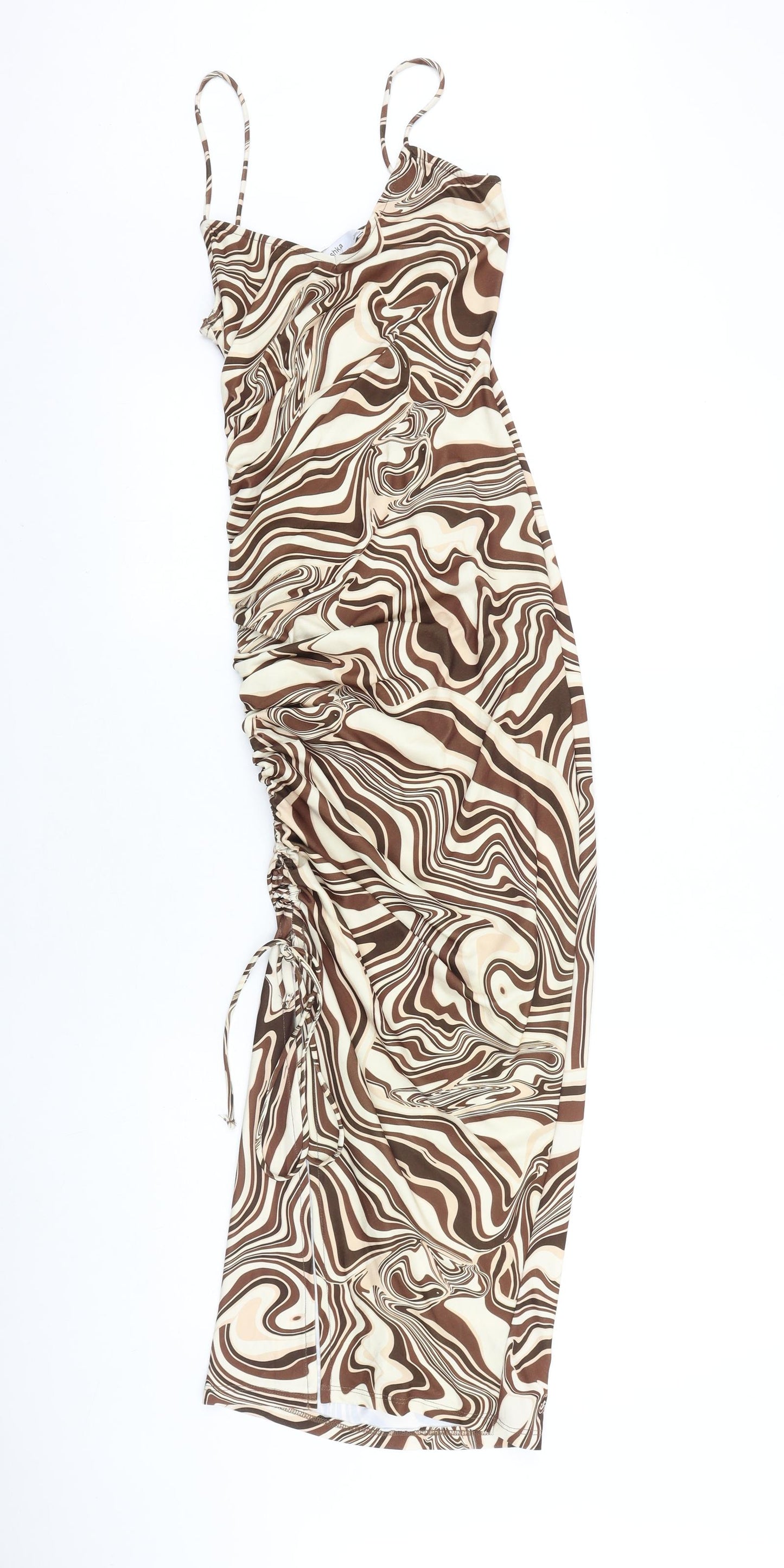 Bershka Womens Brown Geometric Viscose Bodycon Size XS Cowl Neck Tie