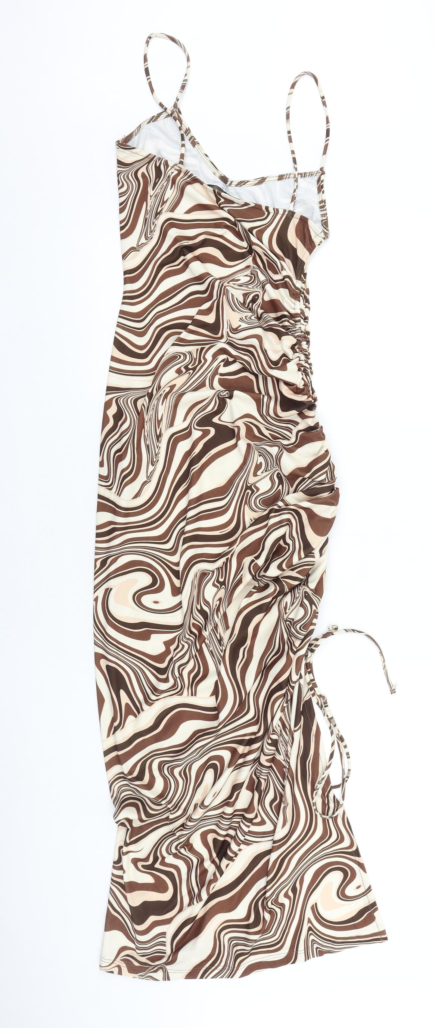 Bershka Womens Brown Geometric Viscose Bodycon Size XS Cowl Neck Tie