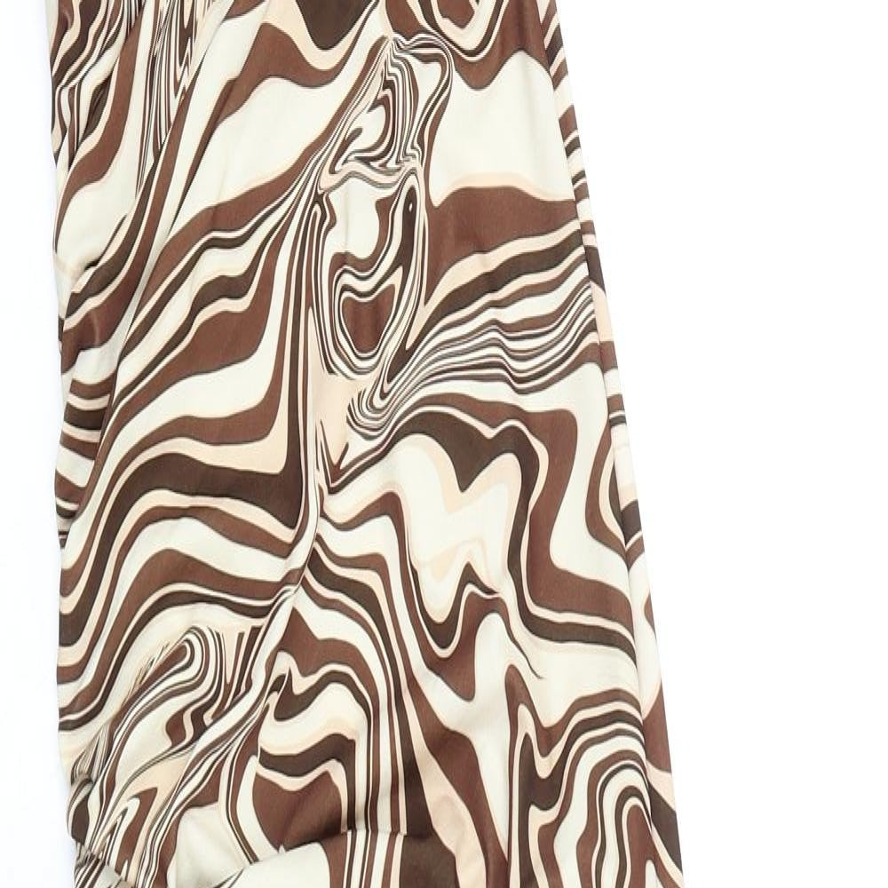Bershka Womens Brown Geometric Viscose Bodycon Size XS Cowl Neck Tie