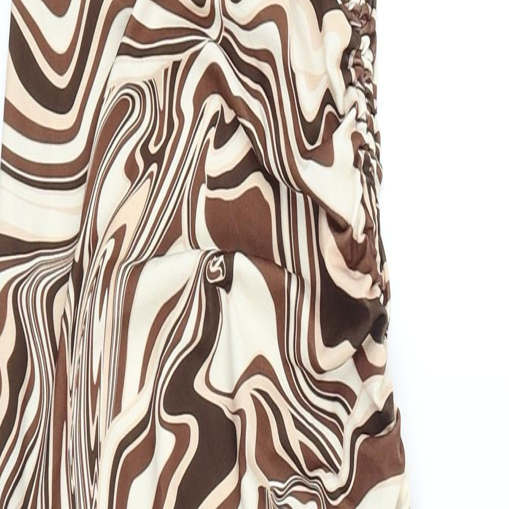Bershka Womens Brown Geometric Viscose Bodycon Size XS Cowl Neck Tie