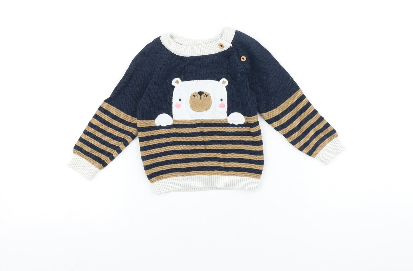 TU Baby Blue Striped 100% Cotton Pullover Jumper Size 6-9 Months Button - Polar Bear