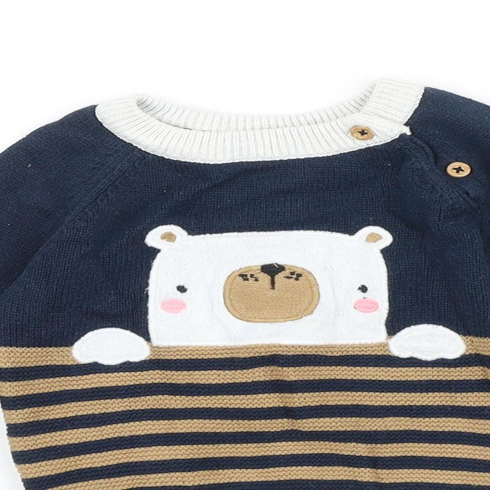 TU Baby Blue Striped 100% Cotton Pullover Jumper Size 6-9 Months Button - Polar Bear