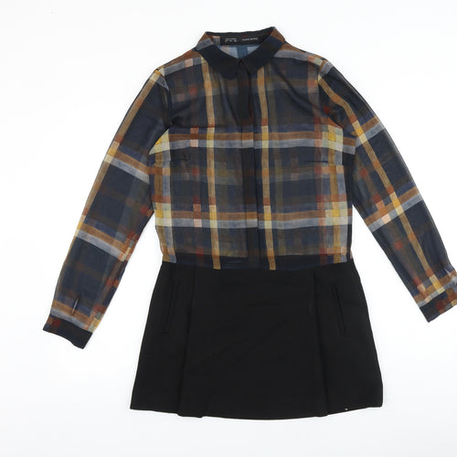 Zara Womens Black Plaid Viscose Shirt Dress Size S Collared Button