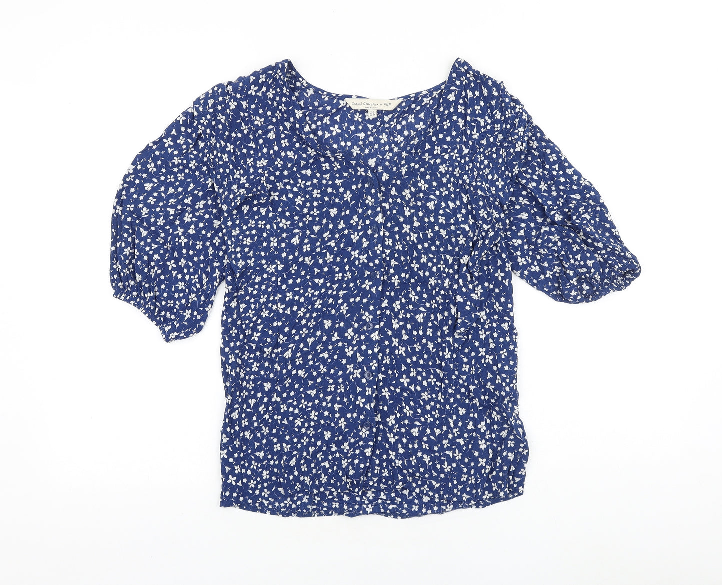 F&F Womens Blue Floral Polyester Basic Blouse Size 6 Scoop Neck
