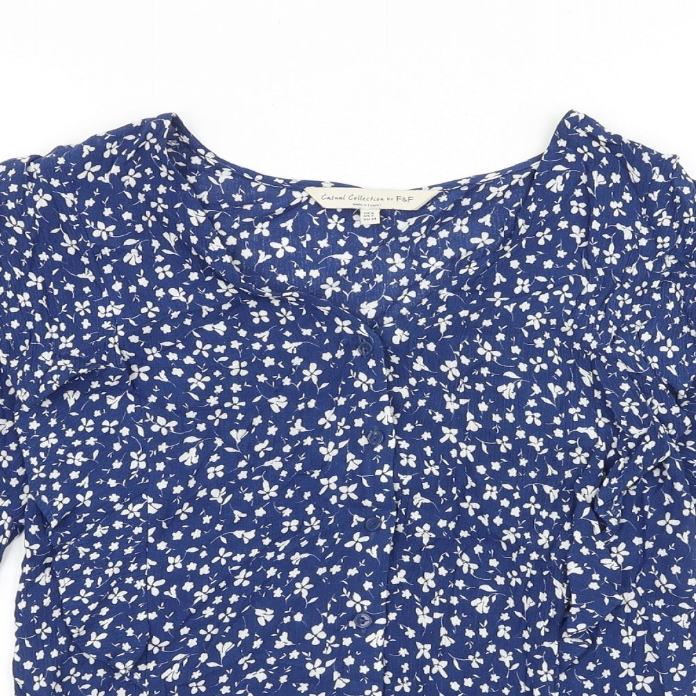 F&F Womens Blue Floral Polyester Basic Blouse Size 6 Scoop Neck