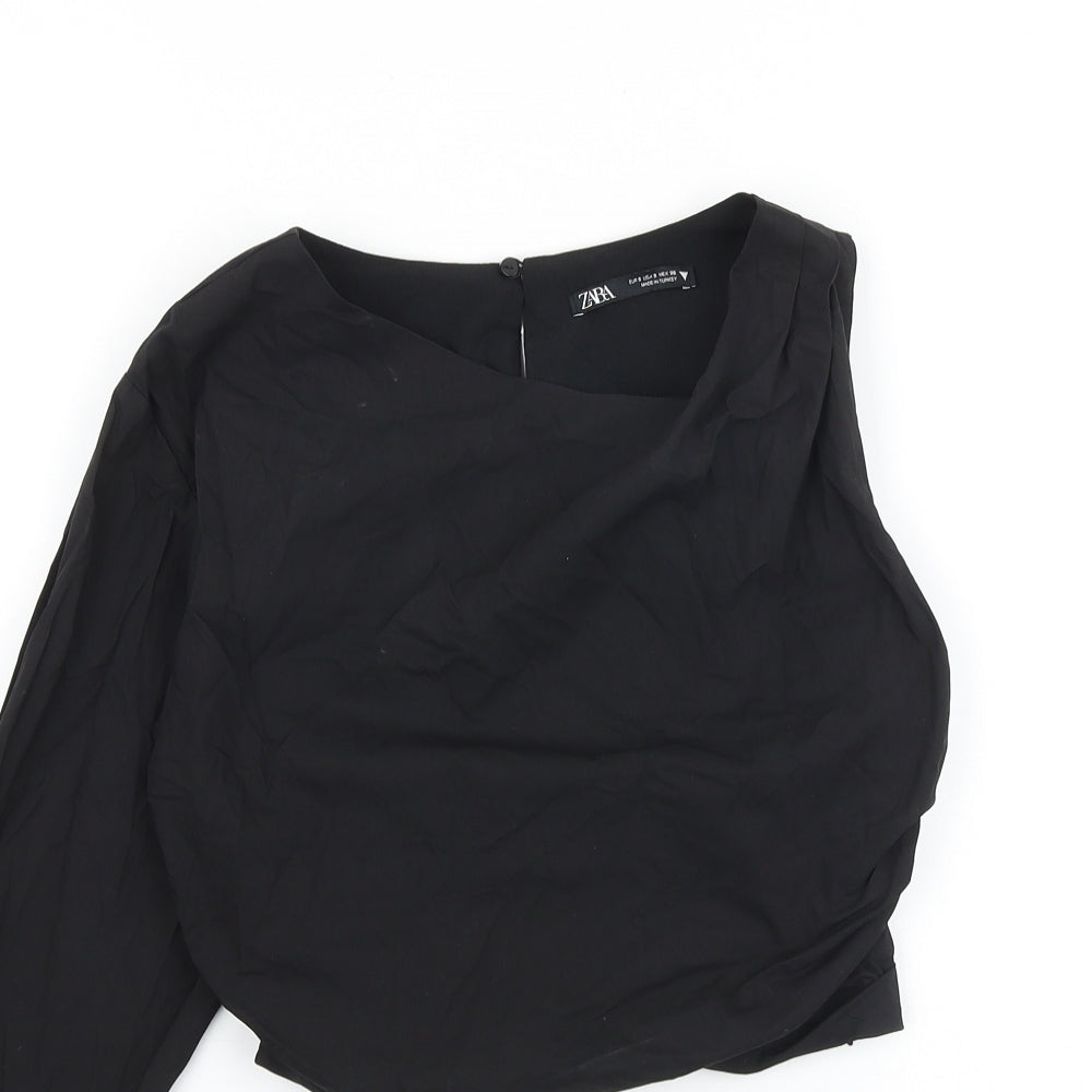 Zara Womens Black 100% Cotton Cropped T-Shirt Size S One Shoulder