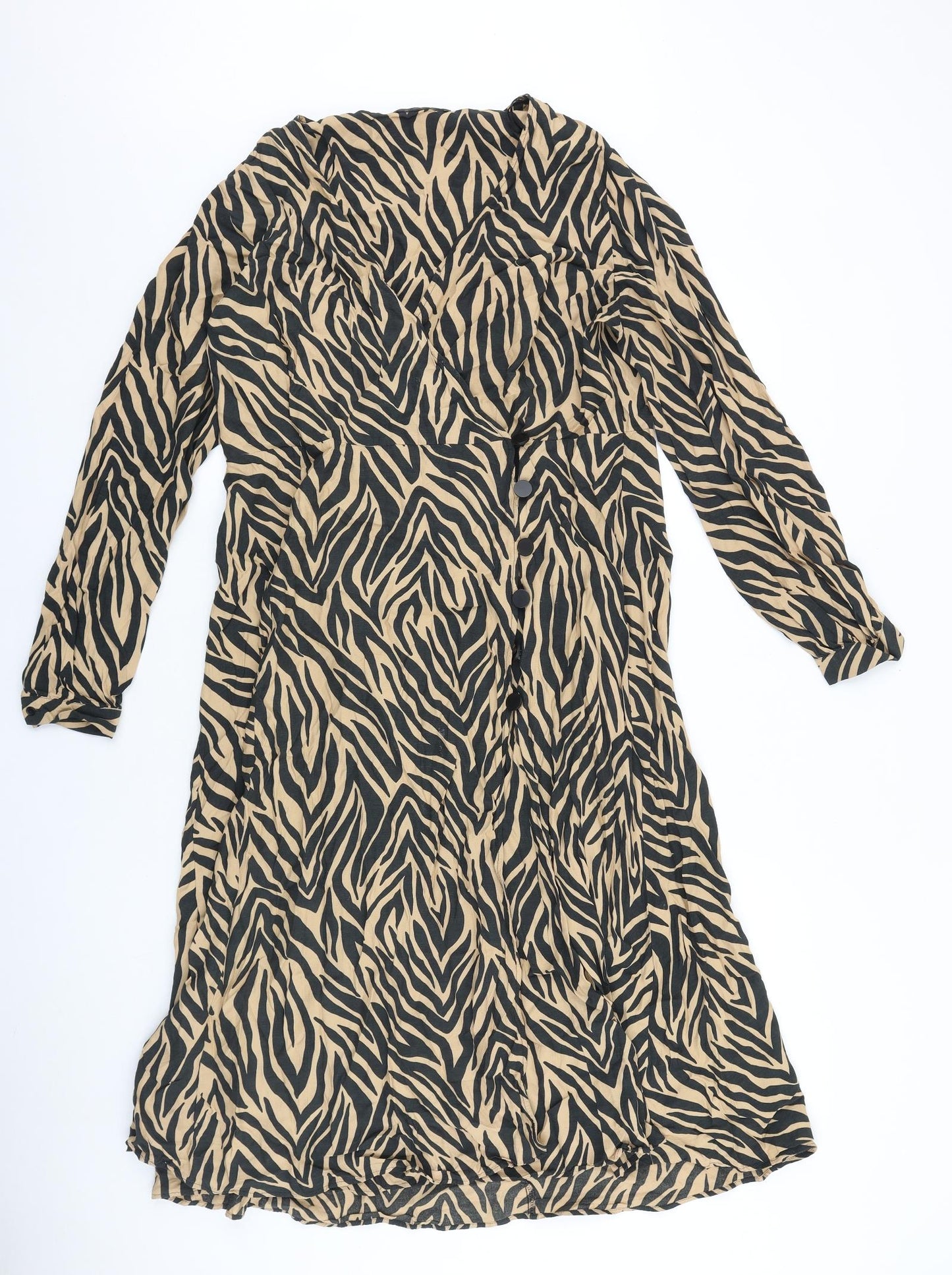 Marks and Spencer Womens Brown Animal Print Viscose A-Line Size 16 V-Neck Button - Wrap Front