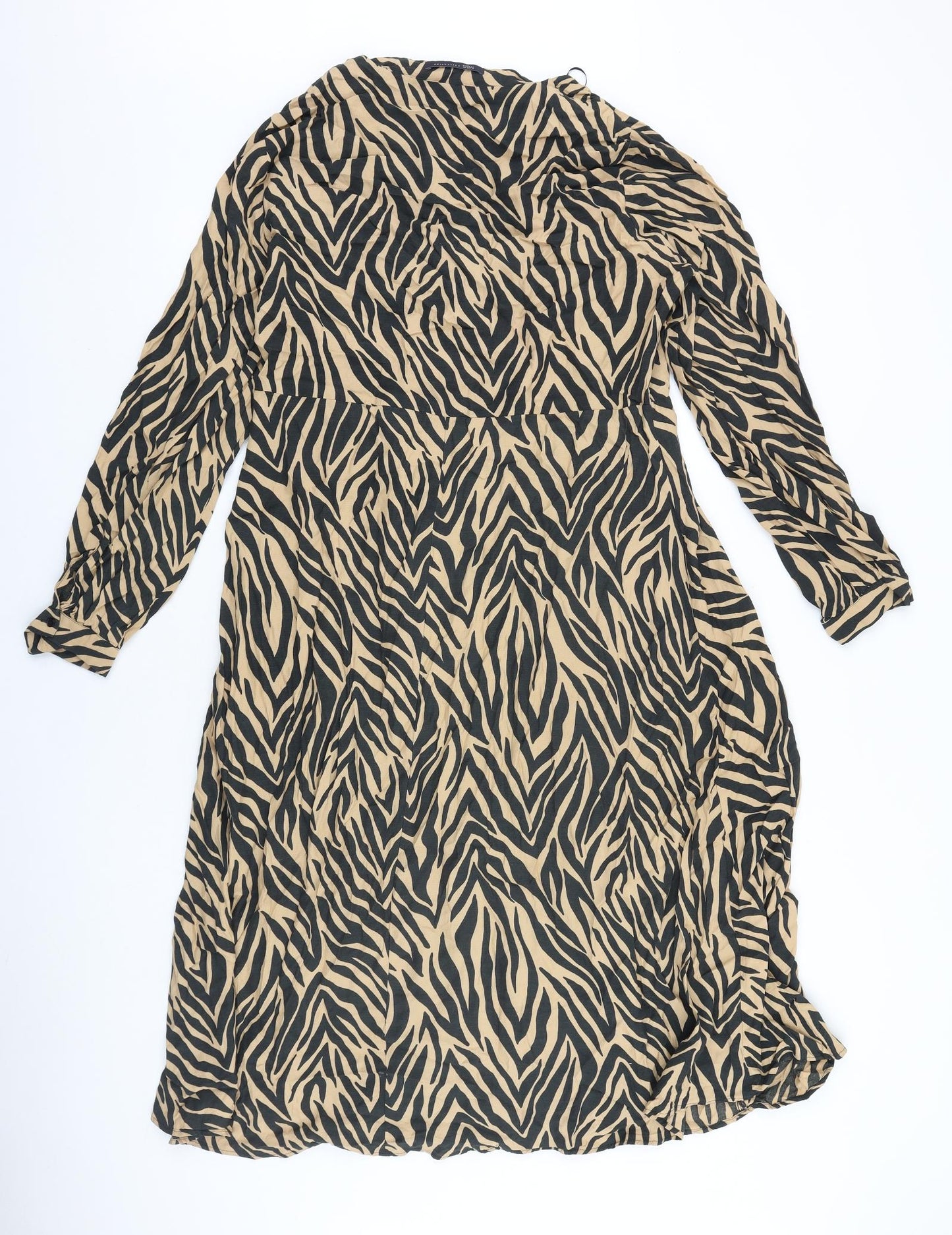 Marks and Spencer Womens Brown Animal Print Viscose A-Line Size 16 V-Neck Button - Wrap Front