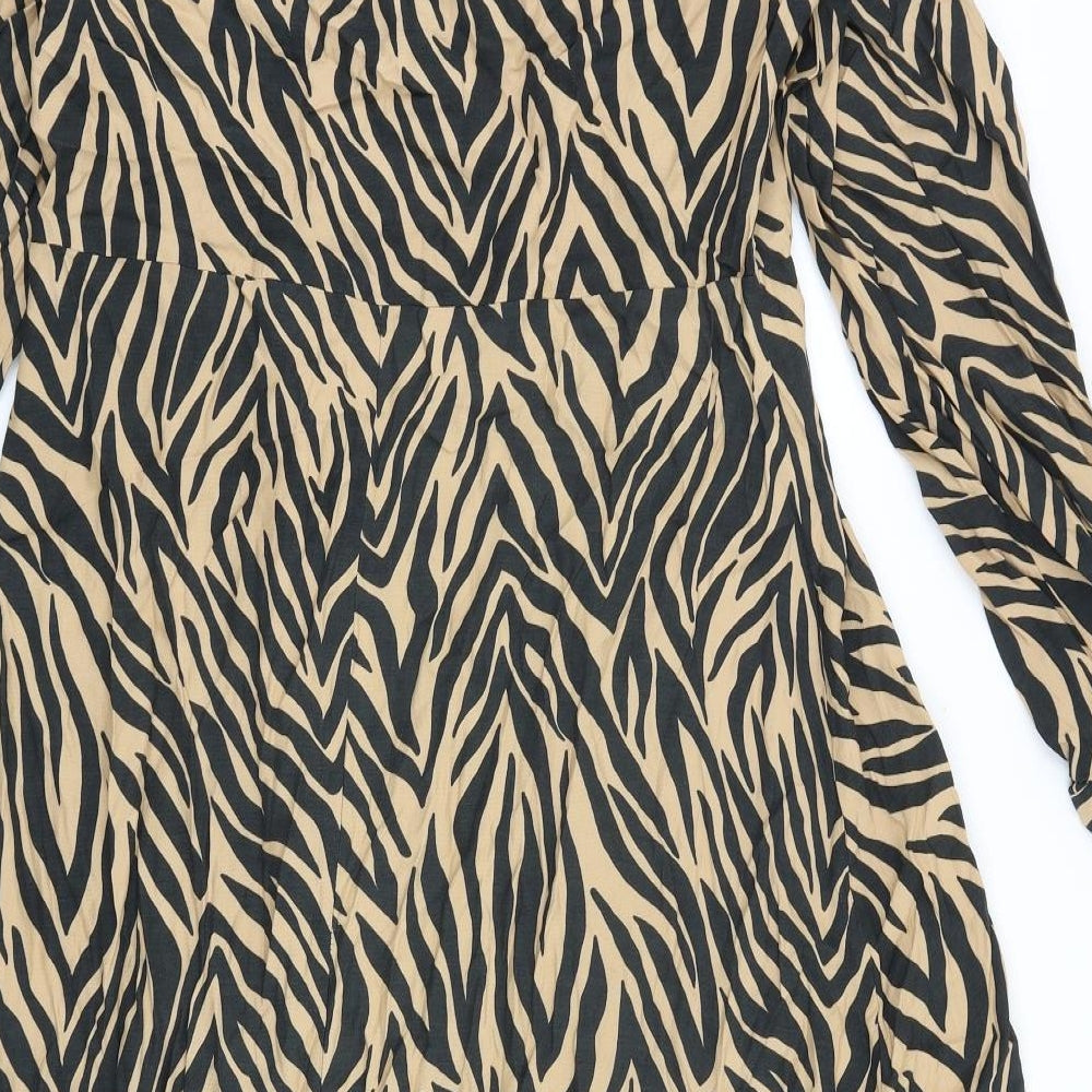 Marks and Spencer Womens Brown Animal Print Viscose A-Line Size 16 V-Neck Button - Wrap Front