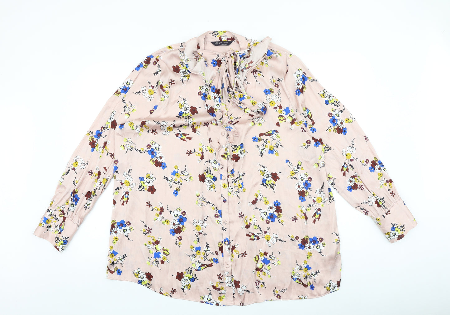 Marks and Spencer Womens Pink Floral Polyester Basic Button-Up Size 22 Round Neck