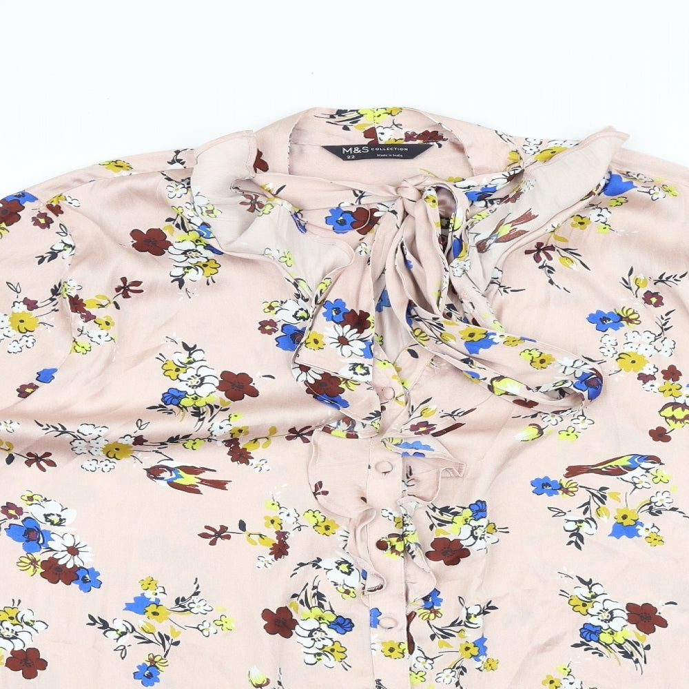 Marks and Spencer Womens Pink Floral Polyester Basic Button-Up Size 22 Round Neck