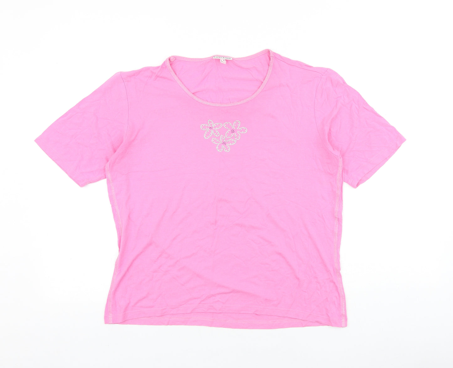 Laura Lebek Womens Orange 100% Cotton Basic T-Shirt Size 14 Round Neck - Flower Detail