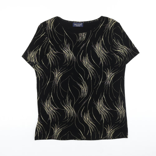 Saloos Womens Black Geometric Viscose Basic T-Shirt Size S Round Neck