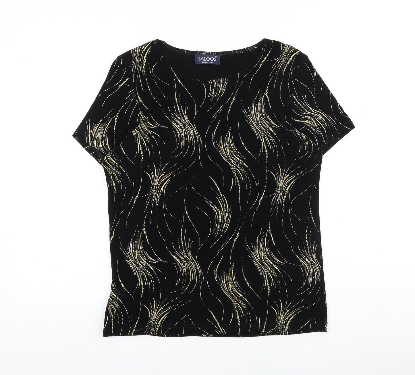 Saloos Womens Black Geometric Viscose Basic T-Shirt Size S Round Neck