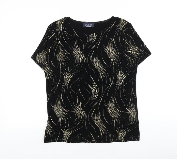 Saloos Womens Black Geometric Viscose Basic T-Shirt Size S Round Neck