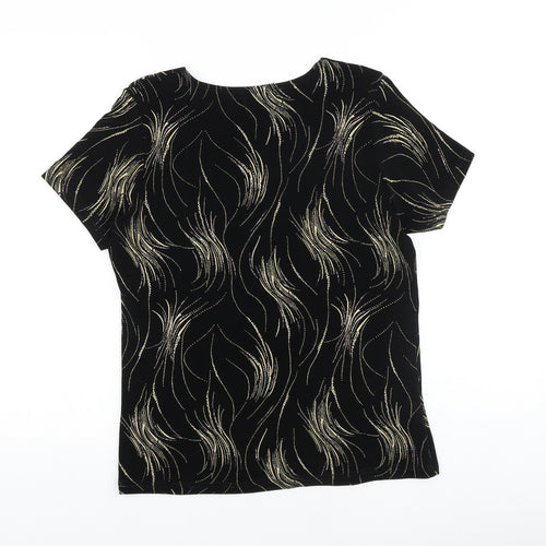 Saloos Womens Black Geometric Viscose Basic T-Shirt Size S Round Neck