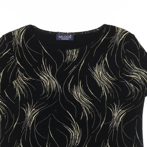 Saloos Womens Black Geometric Viscose Basic T-Shirt Size S Round Neck