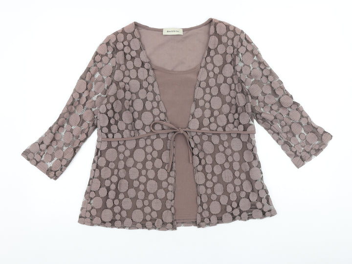 BASSINI Womens Brown Geometric 100% Cotton Basic Blouse Size S Round Neck