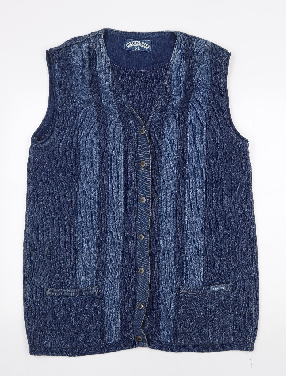 Blue Willi's Mens Blue V-Neck Striped Cotton Vest Jumper Size XL Sleeveless - Vintage Wash