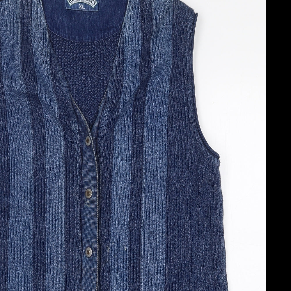 Blue Willi's Mens Blue V-Neck Striped Cotton Vest Jumper Size XL Sleeveless - Vintage Wash