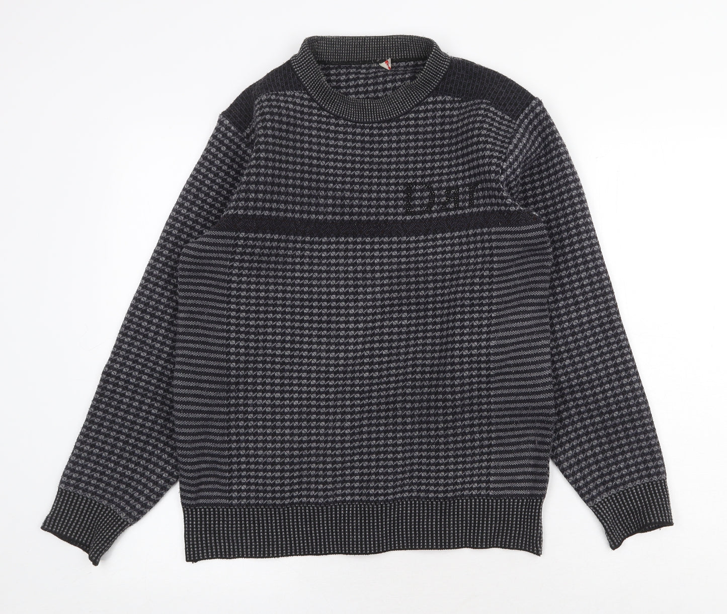 Preworn Mens Grey Round Neck Check Acrylic Pullover Jumper Size S Long Sleeve