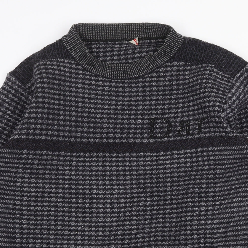 Preworn Mens Grey Round Neck Check Acrylic Pullover Jumper Size S Long Sleeve