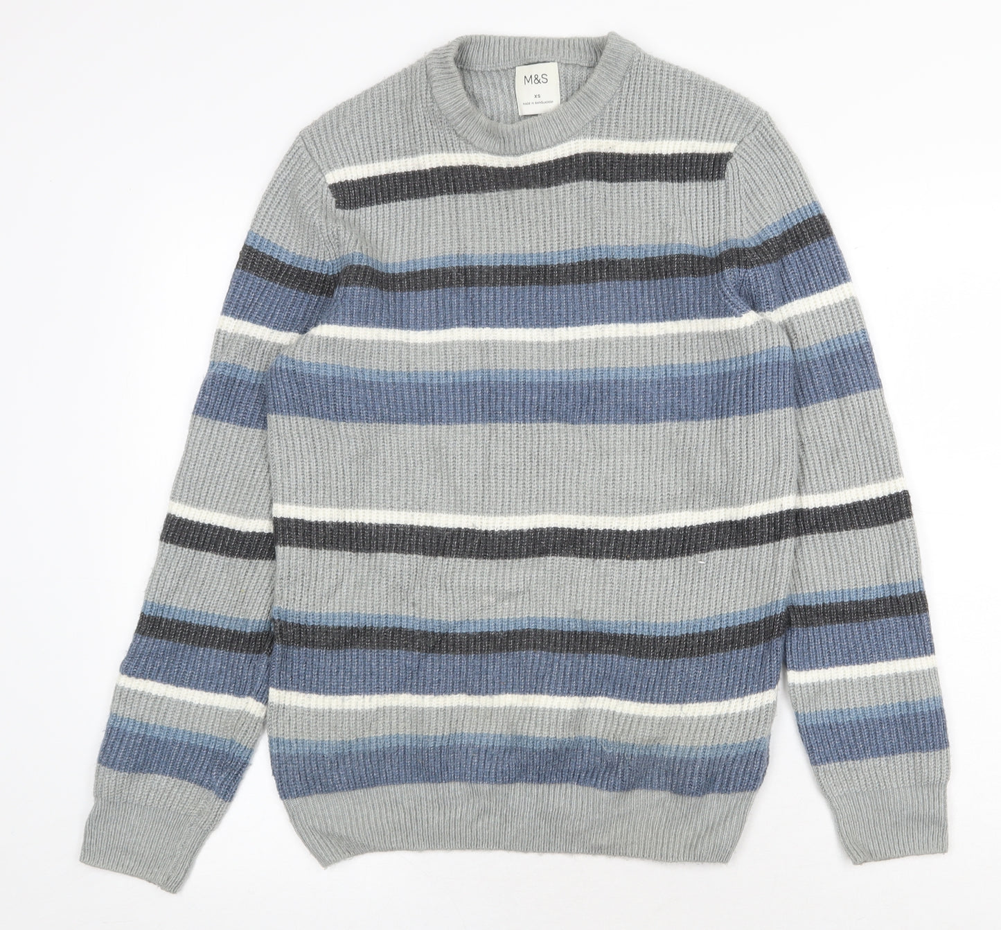 Marks and Spencer Mens Grey Round Neck Striped Polyamide Pullover Jumper Size XS Long Sleeve