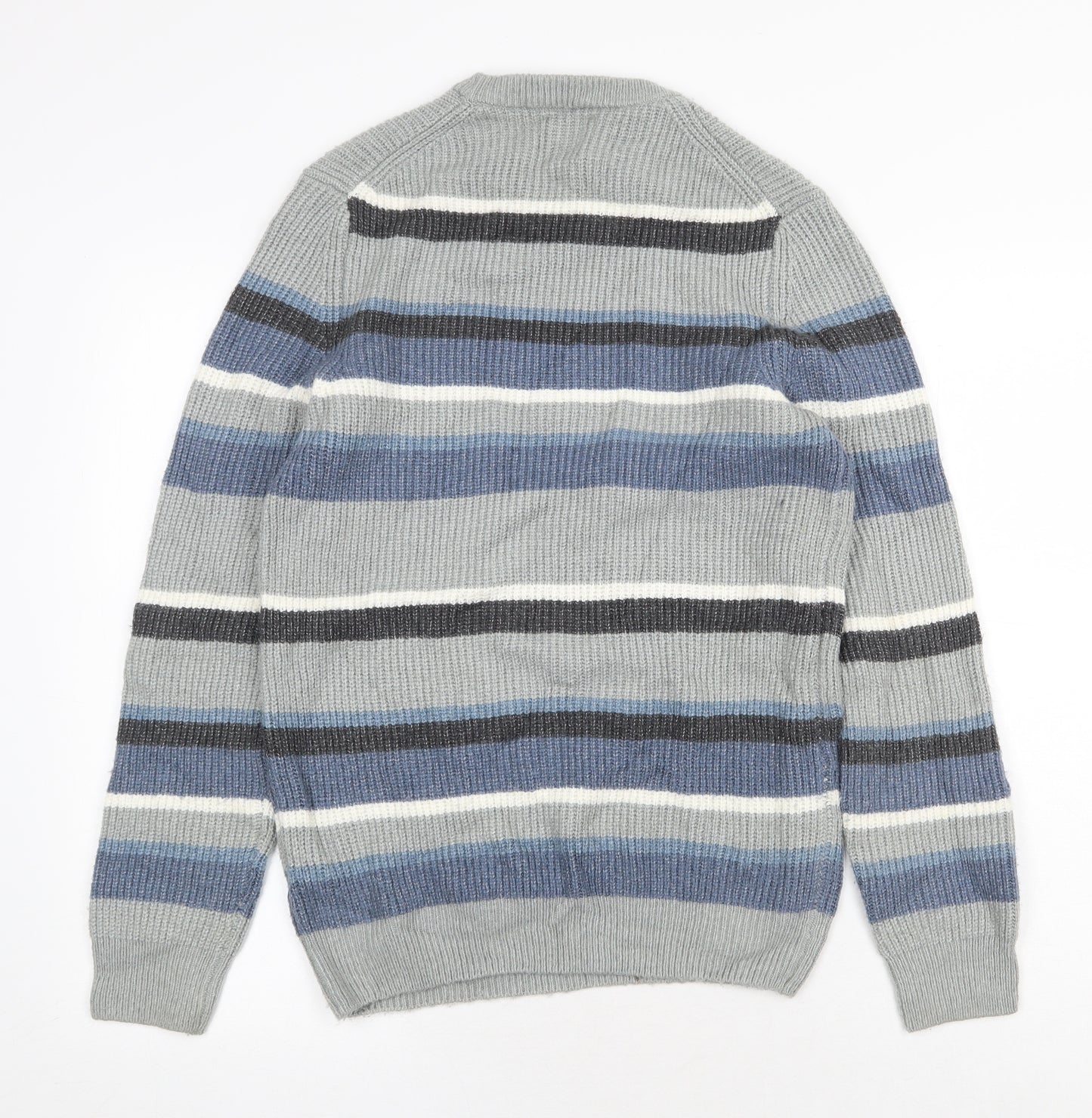 Marks and Spencer Mens Grey Round Neck Striped Polyamide Pullover Jumper Size XS Long Sleeve