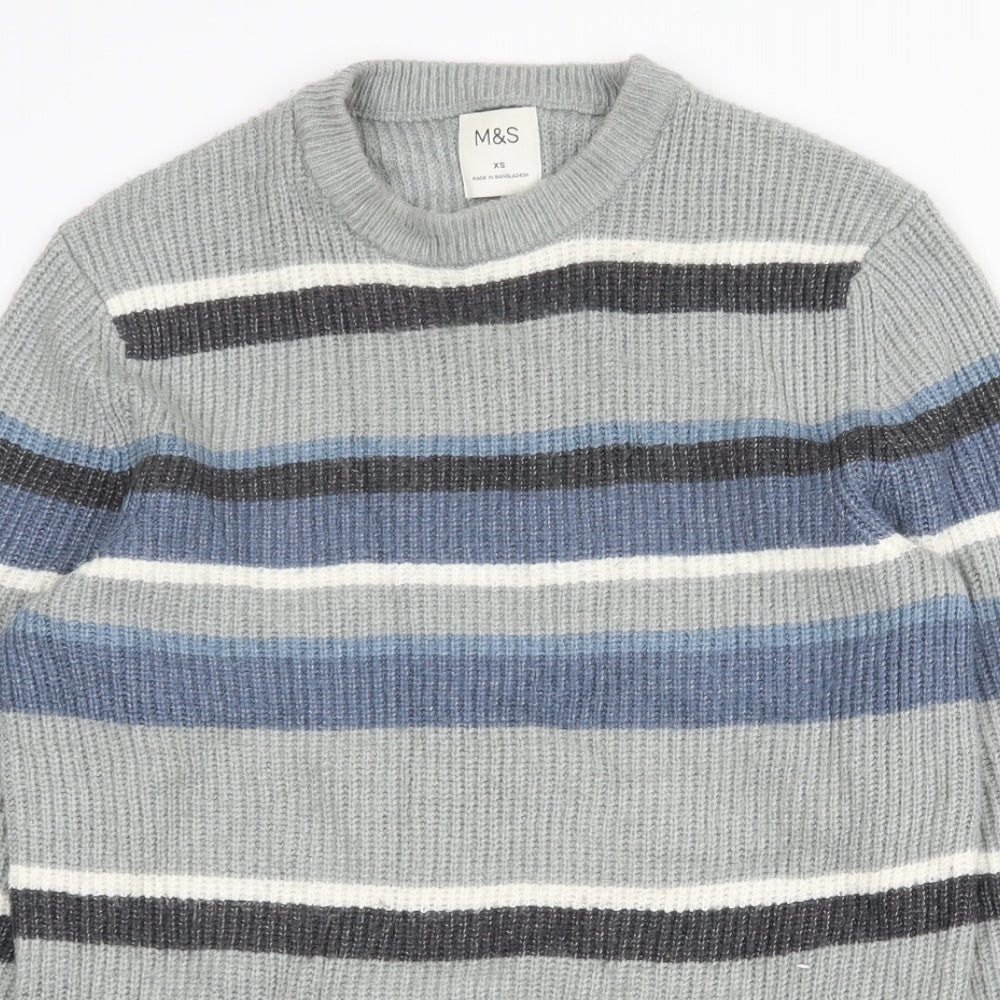 Marks and Spencer Mens Grey Round Neck Striped Polyamide Pullover Jumper Size XS Long Sleeve
