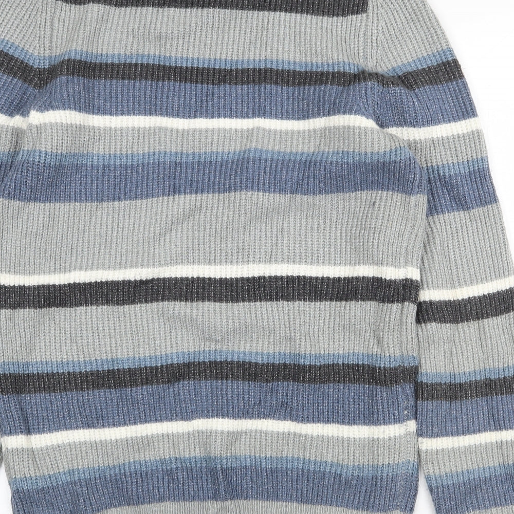 Marks and Spencer Mens Grey Round Neck Striped Polyamide Pullover Jumper Size XS Long Sleeve