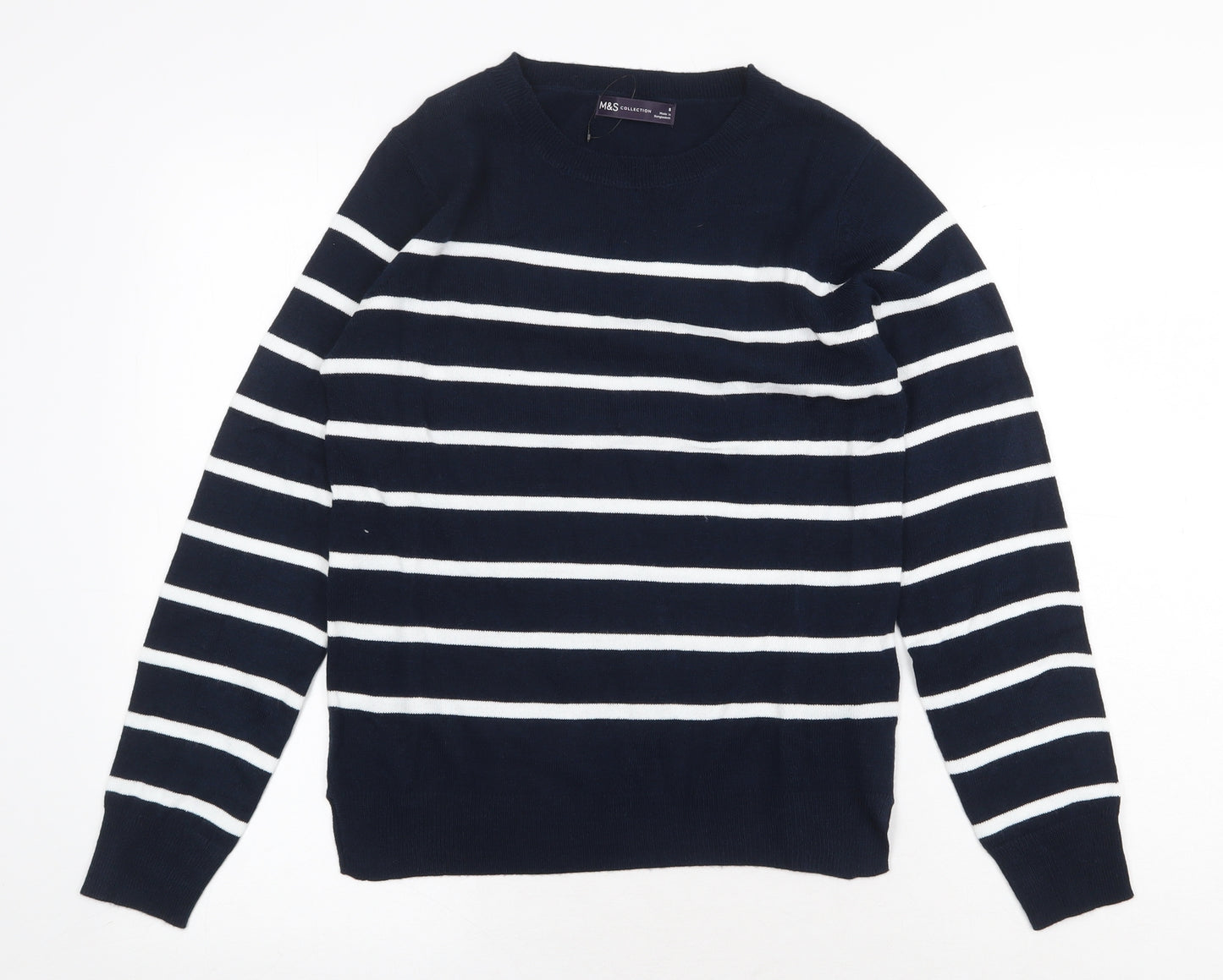 Marks and Spencer Womens Blue Round Neck Striped Acrylic Pullover Jumper Size 8
