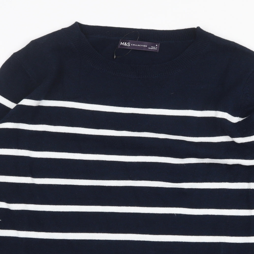 Marks and Spencer Womens Blue Round Neck Striped Acrylic Pullover Jumper Size 8