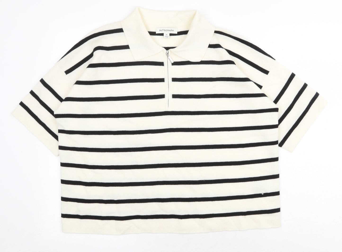 Marks and Spencer Womens Ivory Striped Wool Cropped Polo Size 16 Collared