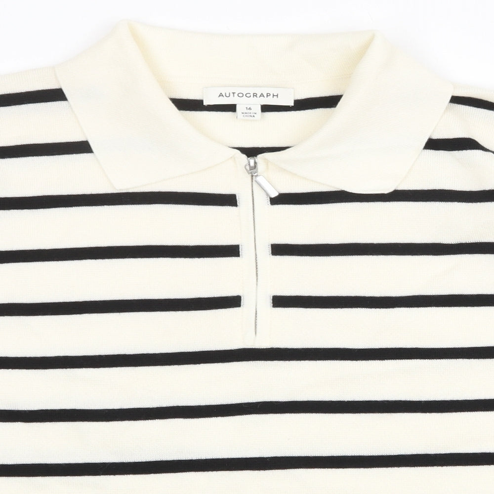 Marks and Spencer Womens Ivory Striped Wool Cropped Polo Size 16 Collared