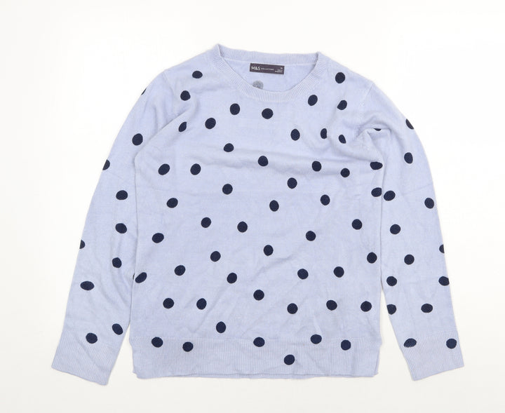Marks and Spencer Womens Blue Round Neck Polka Dot Acrylic Pullover Jumper Size 10