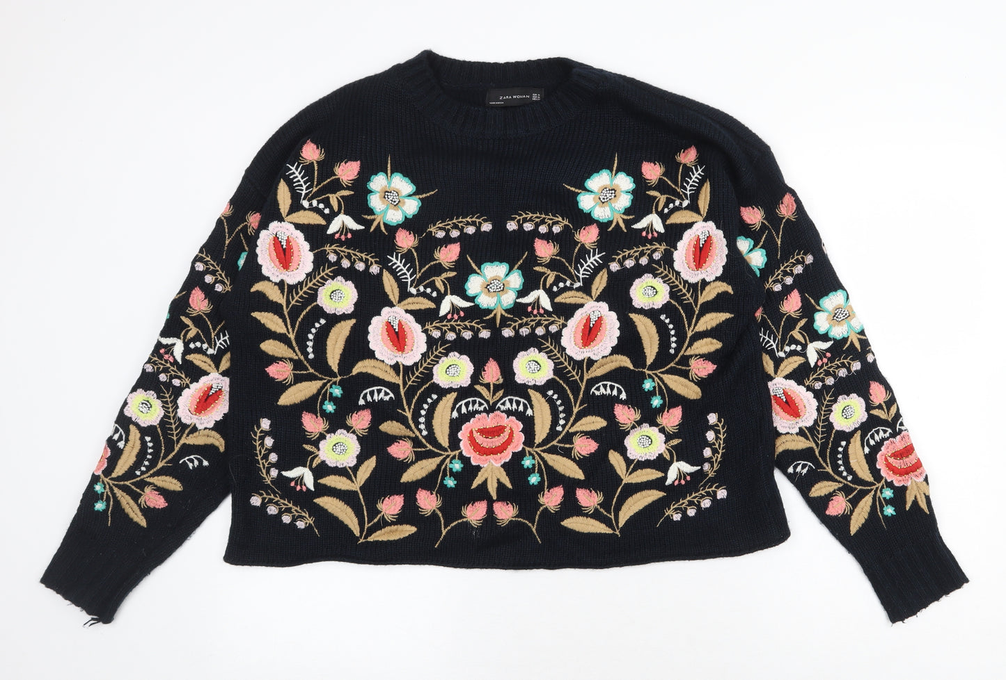 Zara Womens Black Scoop Neck Floral Acrylic Pullover Jumper Size M