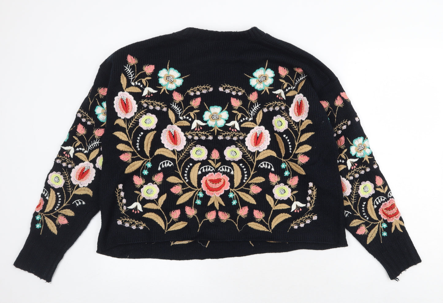 Zara Womens Black Scoop Neck Floral Acrylic Pullover Jumper Size M