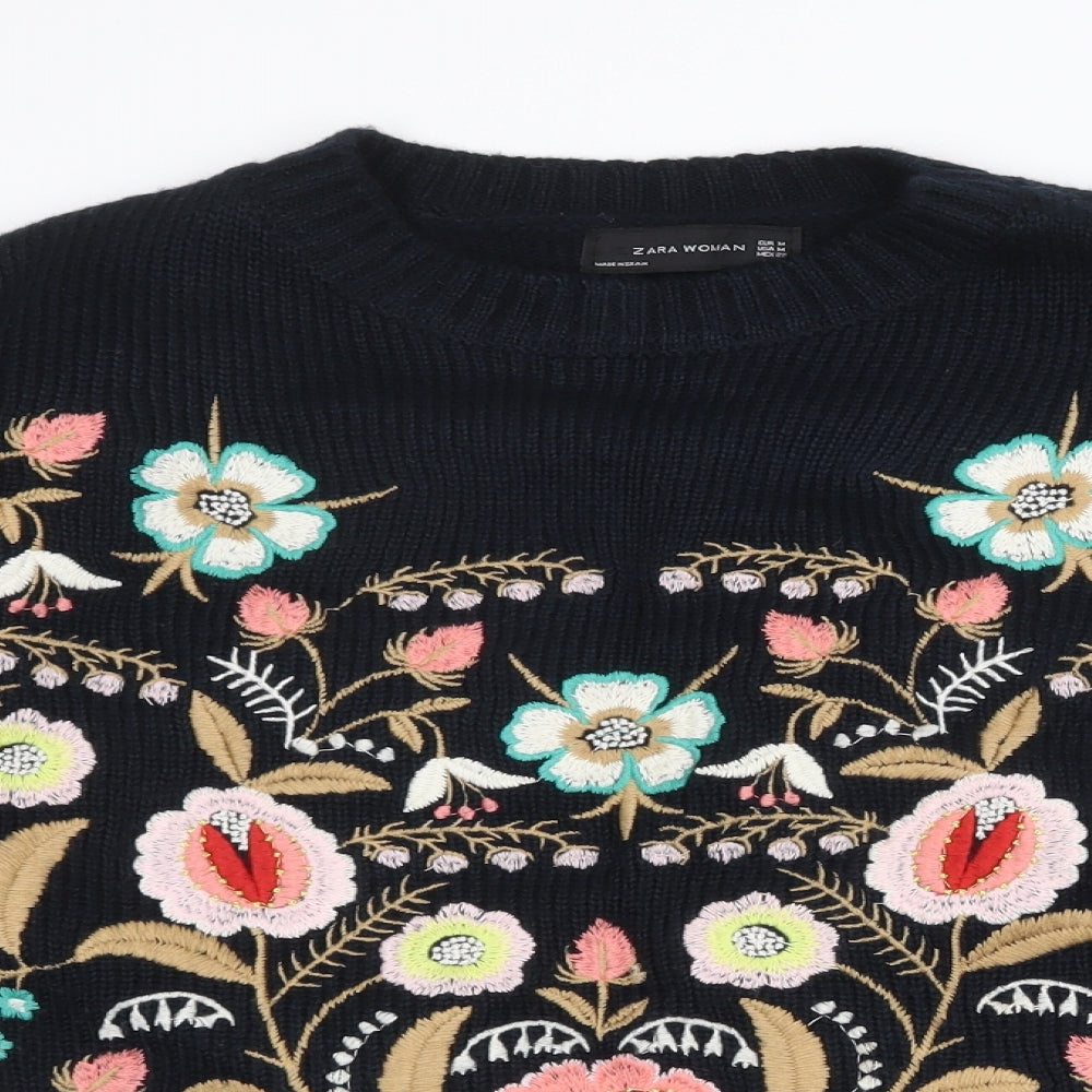 Zara Womens Black Scoop Neck Floral Acrylic Pullover Jumper Size M
