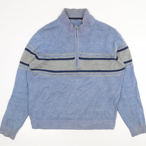 IZOD Mens Blue High Neck Striped Cotton Pullover Jumper Size L Long Sleeve