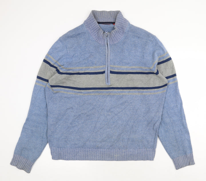 IZOD Mens Blue High Neck Striped Cotton Pullover Jumper Size L Long Sleeve
