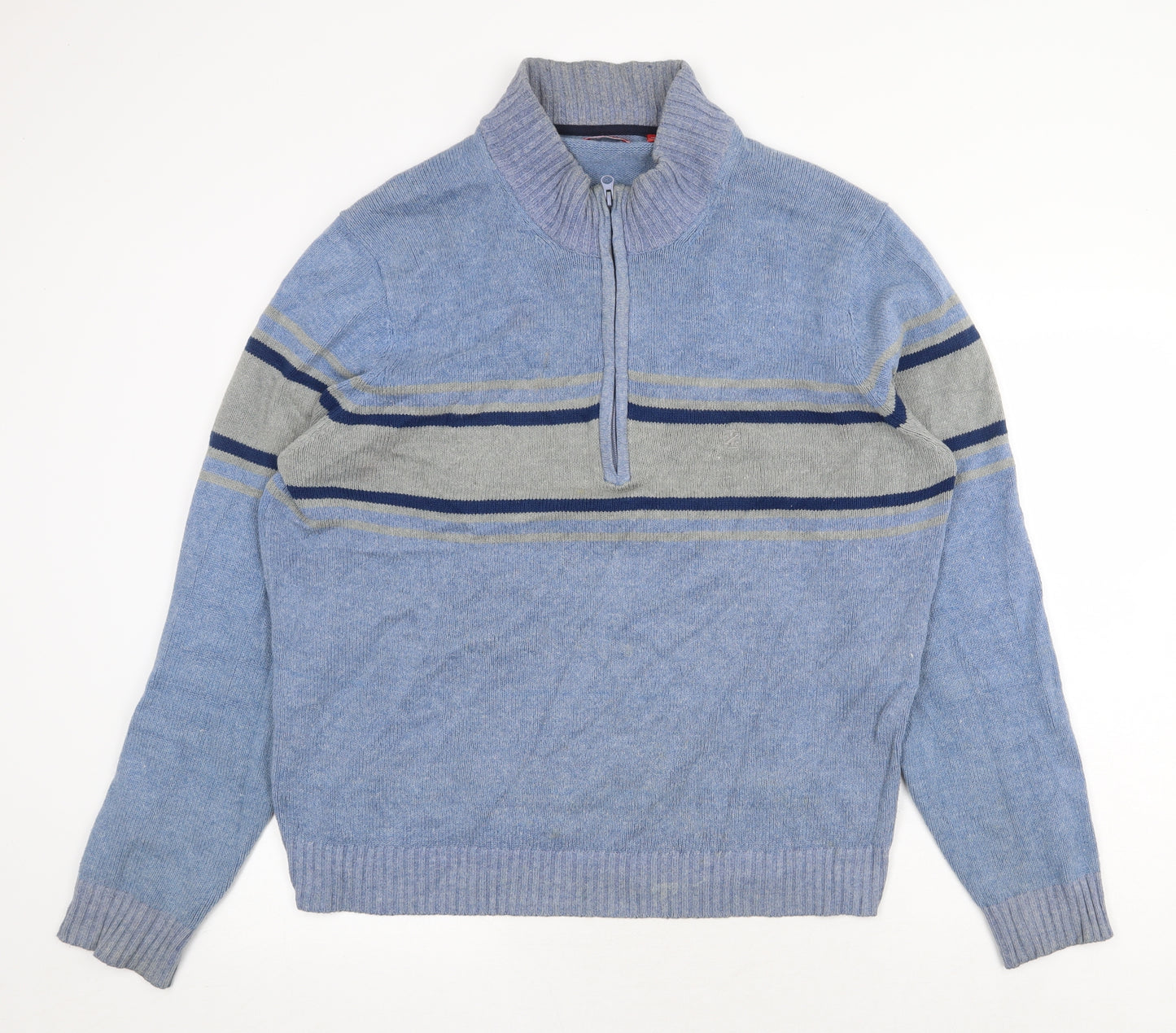 IZOD Mens Blue High Neck Striped Cotton Pullover Jumper Size L Long Sleeve