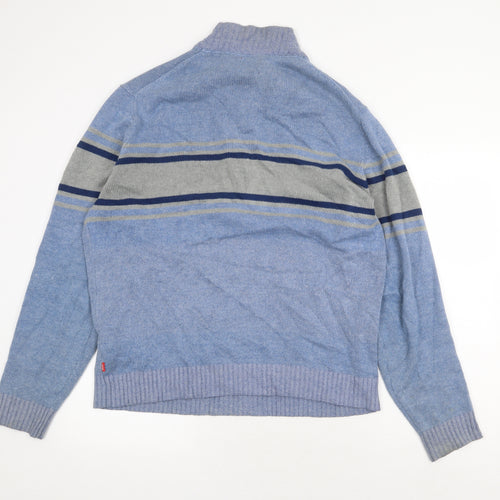 IZOD Mens Blue High Neck Striped Cotton Pullover Jumper Size L Long Sleeve