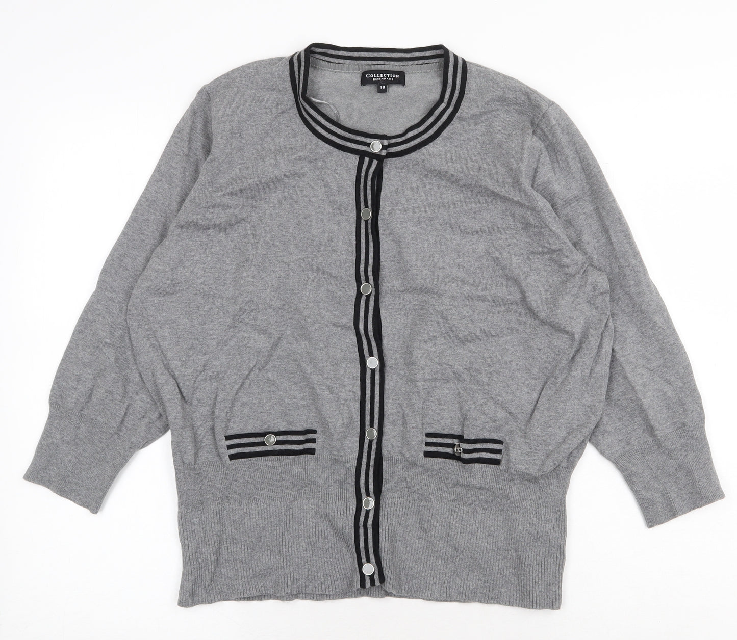 Debenhams Womens Grey Scoop Neck Cotton Cardigan Jumper Size 14 - Contrasting Trim