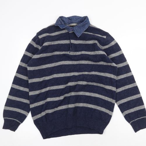 Wolsey Mens Blue Collared Striped Wool Pullover Jumper Size M Long Sleeve - Denim Shirt Collar