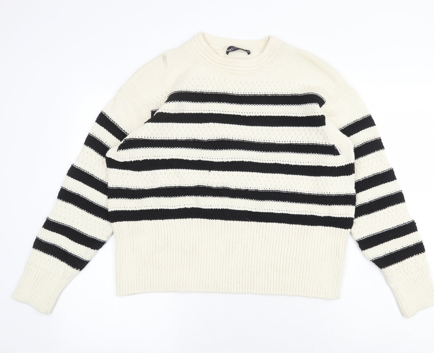 Marks and Spencer Womens Ivory Round Neck Striped Cotton Pullover Jumper Size L