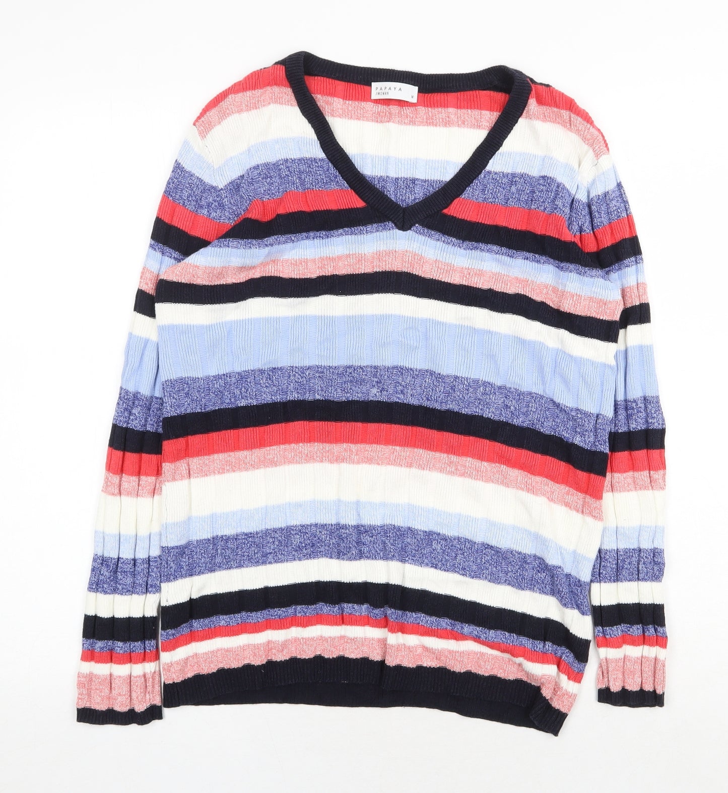 Papaya Womens Multicoloured V-Neck Striped Viscose Pullover Jumper Size M